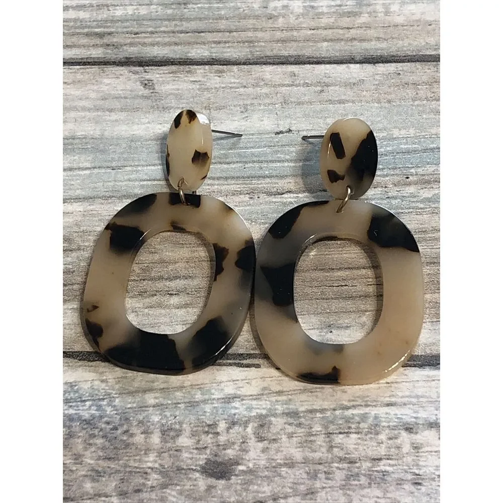 Tortoise Shell Oblong Acrylic‎ Earrings Drop Dangle Brown Beige